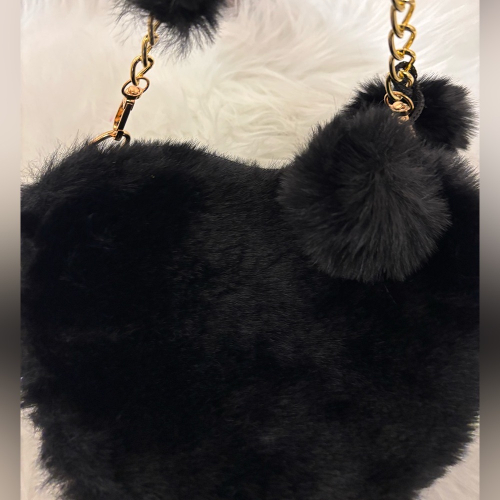 Black Faux Fur Handbag with Gold Chain